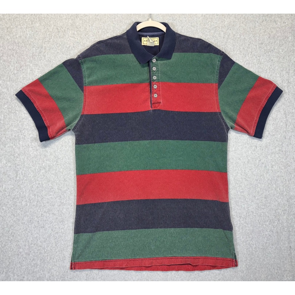Arizona Jean Co Mens Large Polo Shirt Red Green Navy Blue Striped Cotton Pique